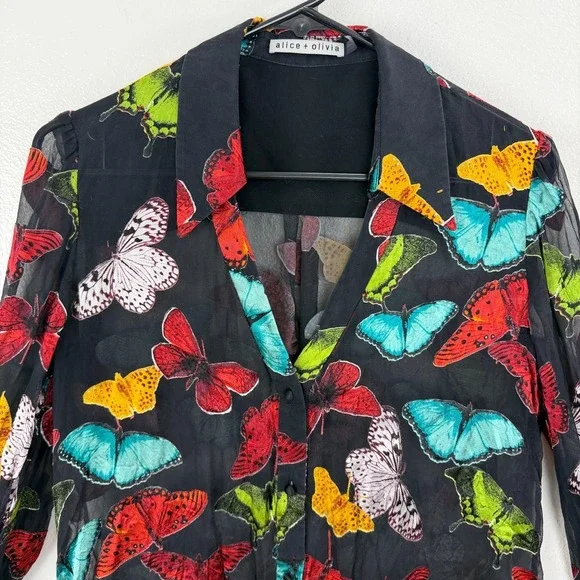 Alice & Olivia Blouse Womens Medium Black Sheila Button Up Butterflies Sheer Top - Picture 2 of 14